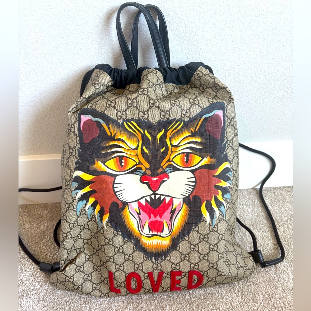 Authentic Gucci Beige Tiger Print Backpack with Black Accents
